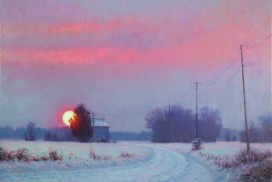 acrylic painting of a sunrise in the snow with tobacco barn in North Carolina by Jeremy Sams