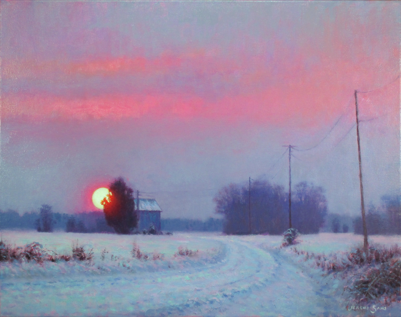 acrylic painting of a sunrise in the snow with tobacco barn in North Carolina by Jeremy Sams