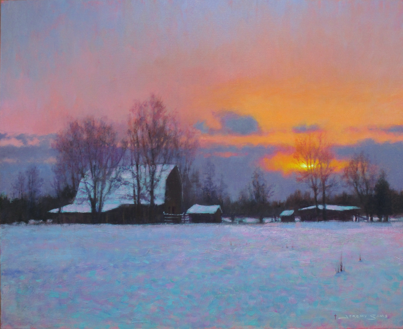 original snow landscape painting of sunrise sunset by North Carolina artist Jeremy Sams