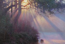 original acrylic landscape painting of sunbeams shining through trees and water by North Carolina artist Jeremy Sams