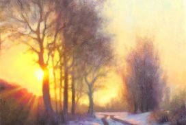 painting of light shining through trees in the snow