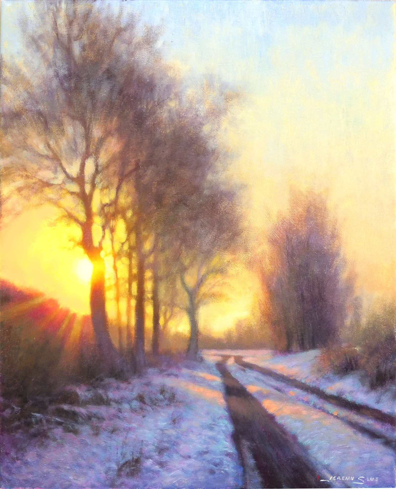 painting of light shining through trees in the snow