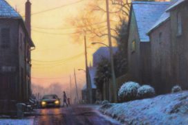 winter painting of street scene at sunset