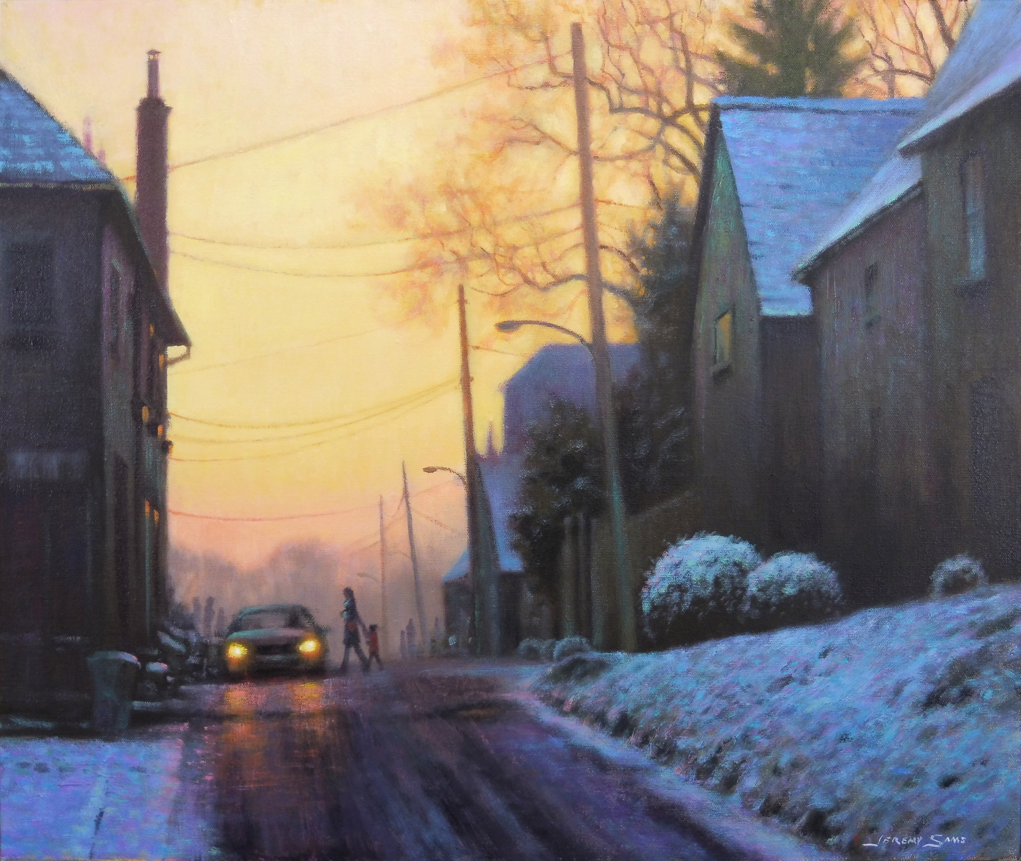 winter painting of street scene at sunset