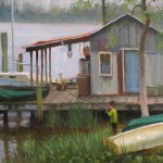 boat house dock with boy fishing plein air painting by North Carolina artist Jeremy Sams