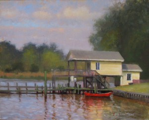 boat and dock plein air painting by North Carolina artist Jeremy Sams