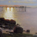 Morning plein air painting at Southport, NC of water, rocks and and pier