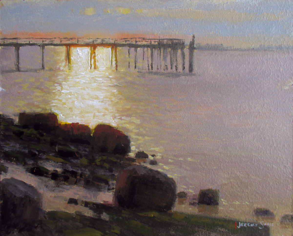 Morning plein air painting at Southport, NC of water, rocks and and pier
