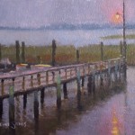 Rainy day in Southport, NC plein air painting of pier docks, light by North Carolina artist Jeremy Sams