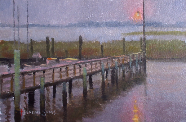 Rainy day in Southport, NC plein air painting of pier docks, light by North Carolina artist Jeremy Sams
