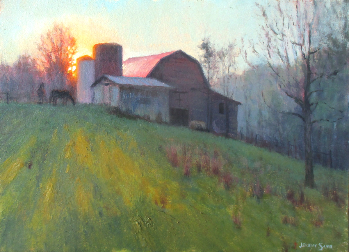 plein air painting of barn, horses and sunrise in Burnsville by North Carolina artist Jeremy Sams