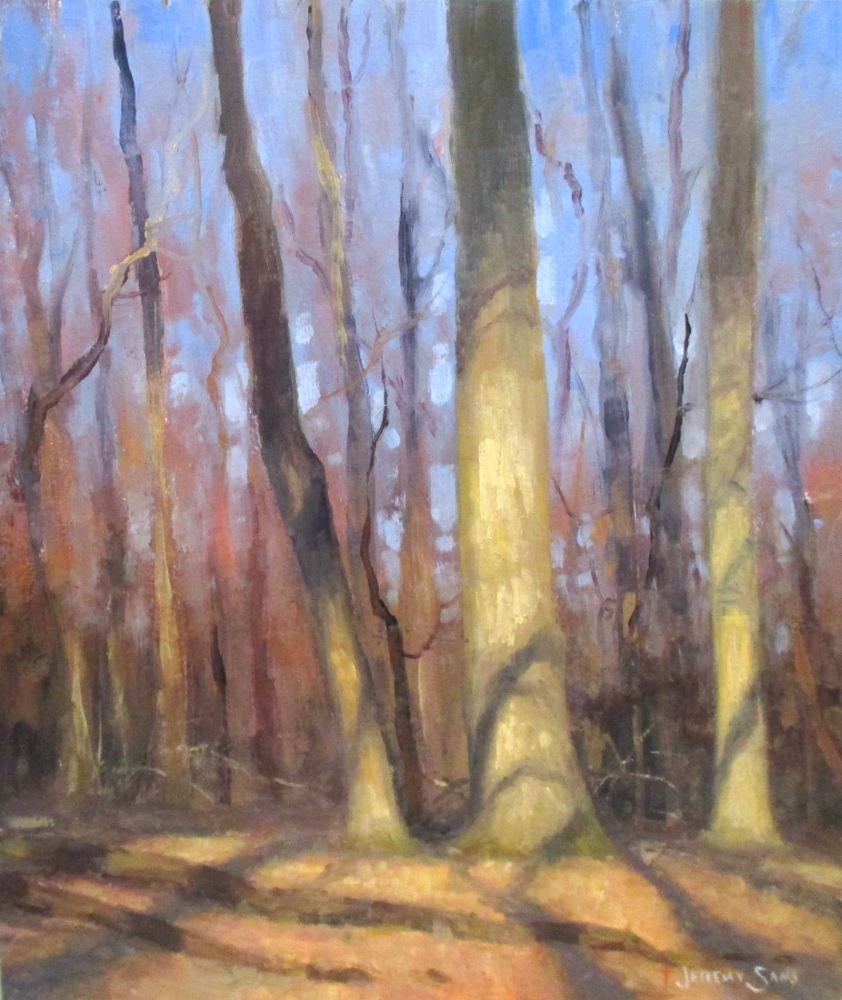 plein air painting of sunlight on trees by North carolina artist Jeremy Sams