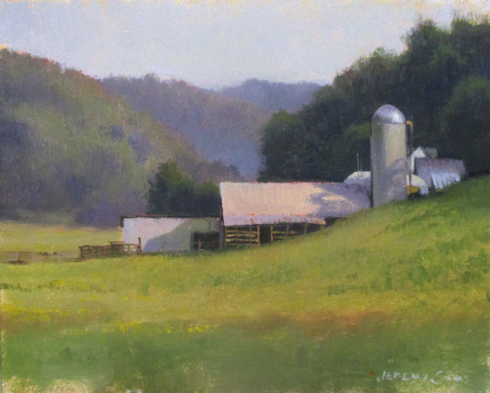 plein air painting of Cooper farm barns Ashe County NC by North Carolina artist Jeremy Sams