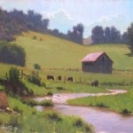 cows and barn with creek plein air painting by North Carolina artist Jeremy Sams