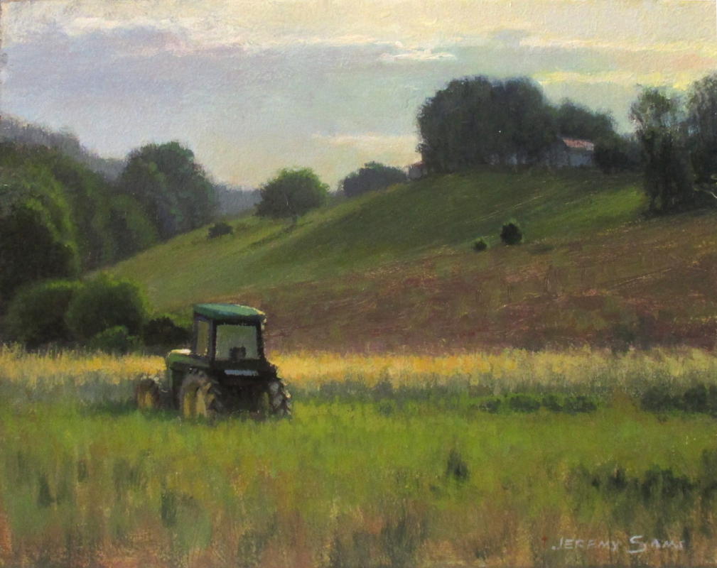 plein air painting of tractor and mountains by North Carolina artist Jeremy Sams