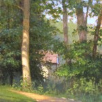 plein air painting of the walking trail at Reynolda Village in Winston Salem by North Carolina artist, Jeremy Sams