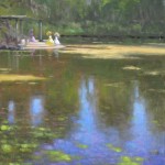 plein air painting in Wilmington, NC of azalea belles at lake at Airlie Gardens by North Carolina artist Jeremy Sams