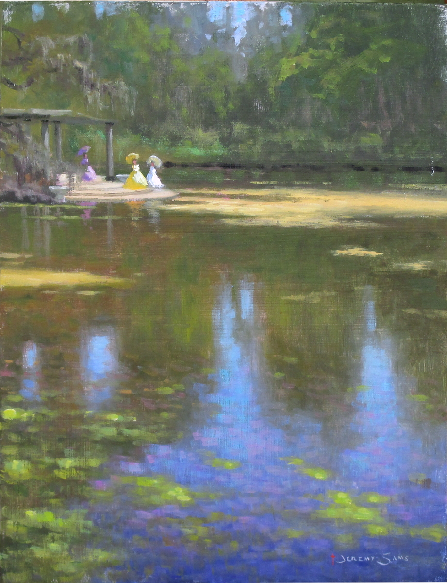 plein air painting in Wilmington, NC of azalea belles at lake at Airlie Gardens by North Carolina artist Jeremy Sams