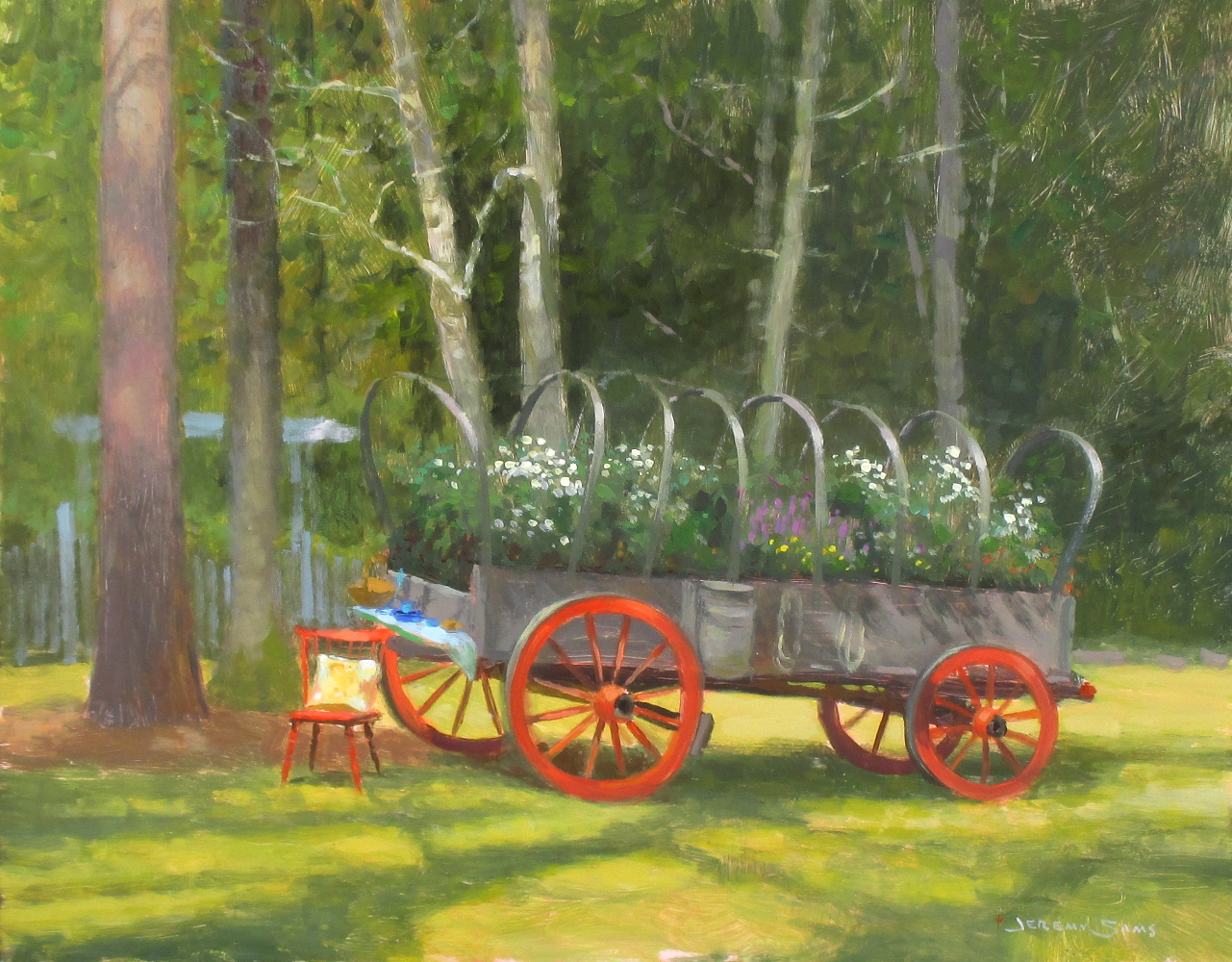 plein air painting in Wilmington, NC of wagon at the horse farm in garden club tour by North Carolina artist Jeremy Sams
