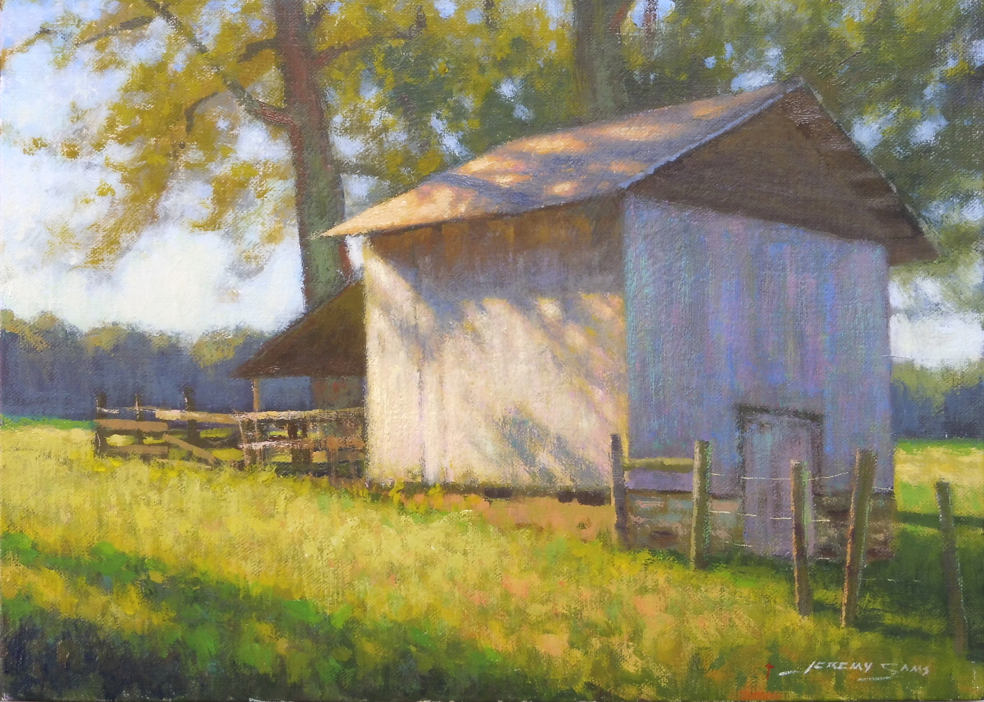 plein air painting of tobacco barn wilkes county by North Carolina artist Jeremy Sams