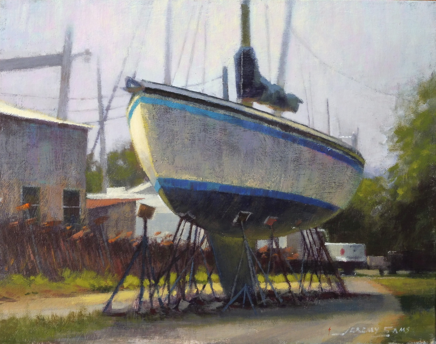 plein air painting of boat docked for repair by North Carolina artist Jeremy Sams