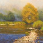 plein air painting of fog rising on Jackson River Virginia by North Carolina artist Jeremy Sams