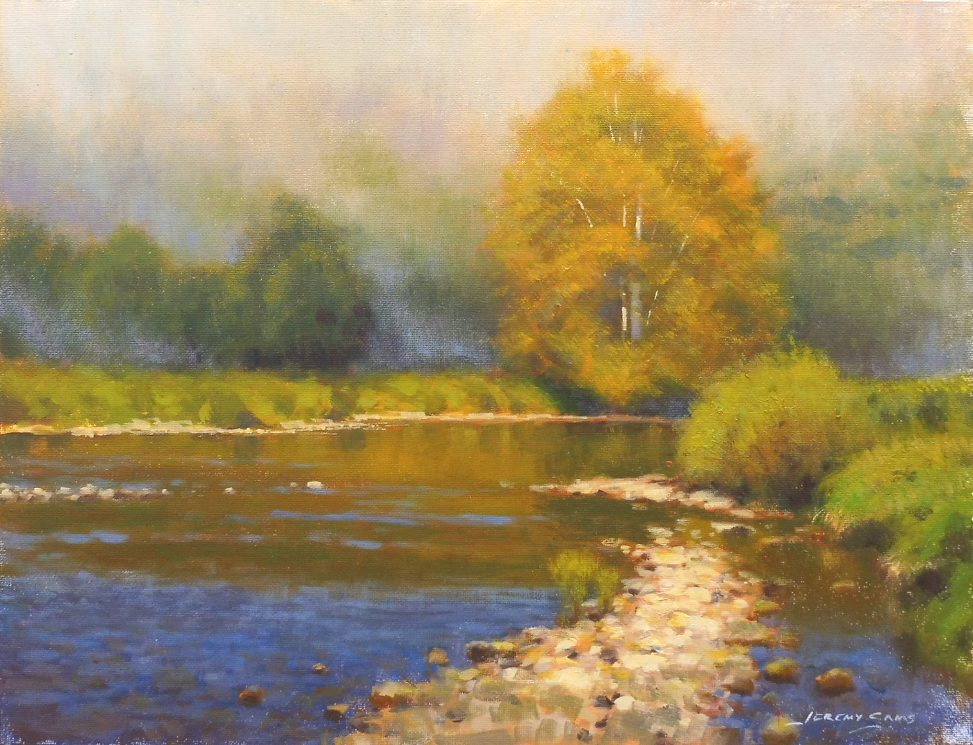 plein air painting of fog rising on Jackson River Virginia by North Carolina artist Jeremy Sams