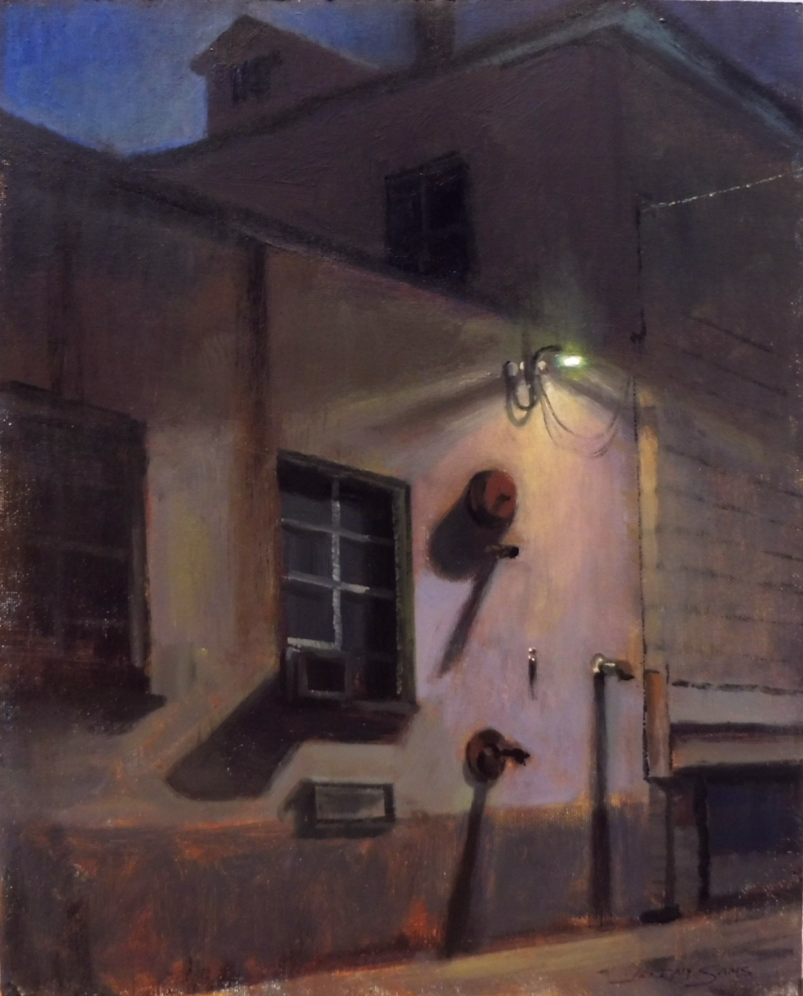 plein air nocturne urban scene of factory with light by North Carolina artist Jeremy Sams