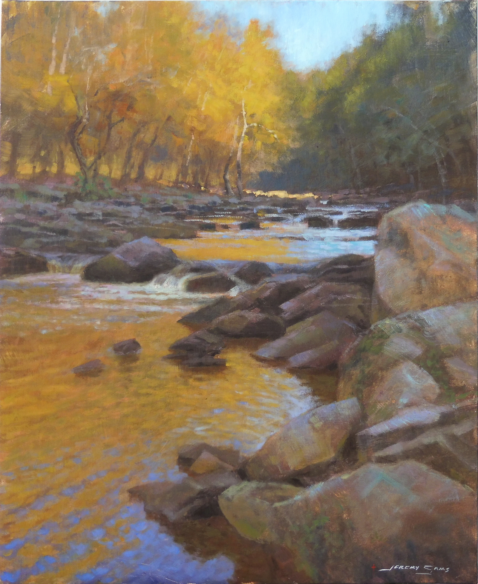plein air painting of morning on the Eno River in Autumn by North Carolina artist Jeremy Sams