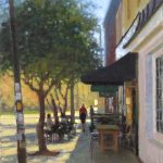 plein air painting of lady walking down street in Hillsborough NC by North Carolina artist Jeremy Sams