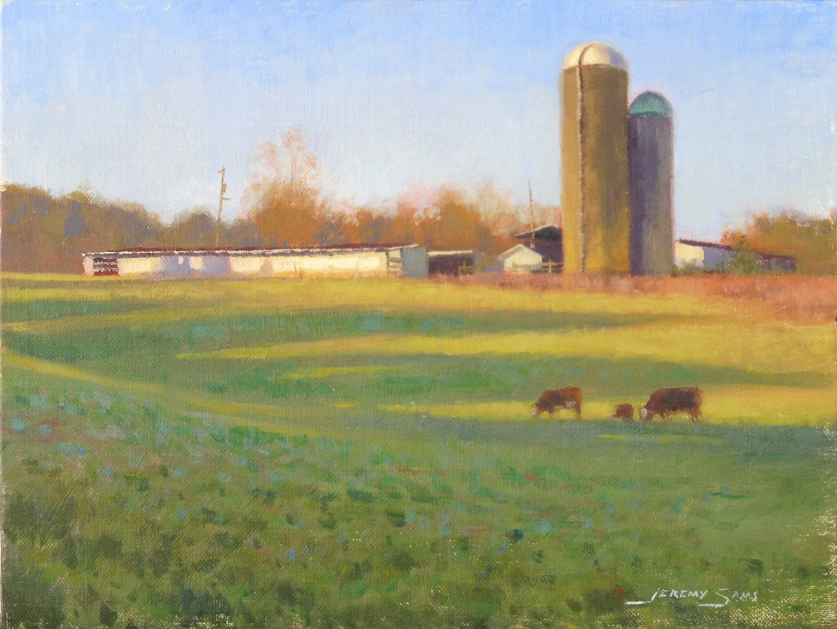 plein air painting of farm in morning in autumn by North carolina artist Jeremy Sams