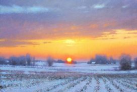 Snow landscape painting with sunrise by North Carolina artist Jeremy Sams