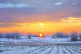 Snow landscape painting with sunrise by North Carolina artist Jeremy Sams