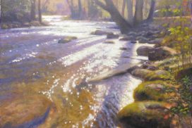 Painting of light sparkling on the Oconaluftee River Great Smoky Mountain National Park