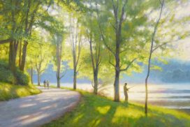 Morning Catch at Bass Lake acrylic painting by North Carolina artist Jeremy Sams
