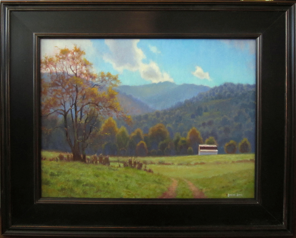 landscape painting of Valle Crucis farm in autumn with mountains by North Carolina artist Jeremy Sams