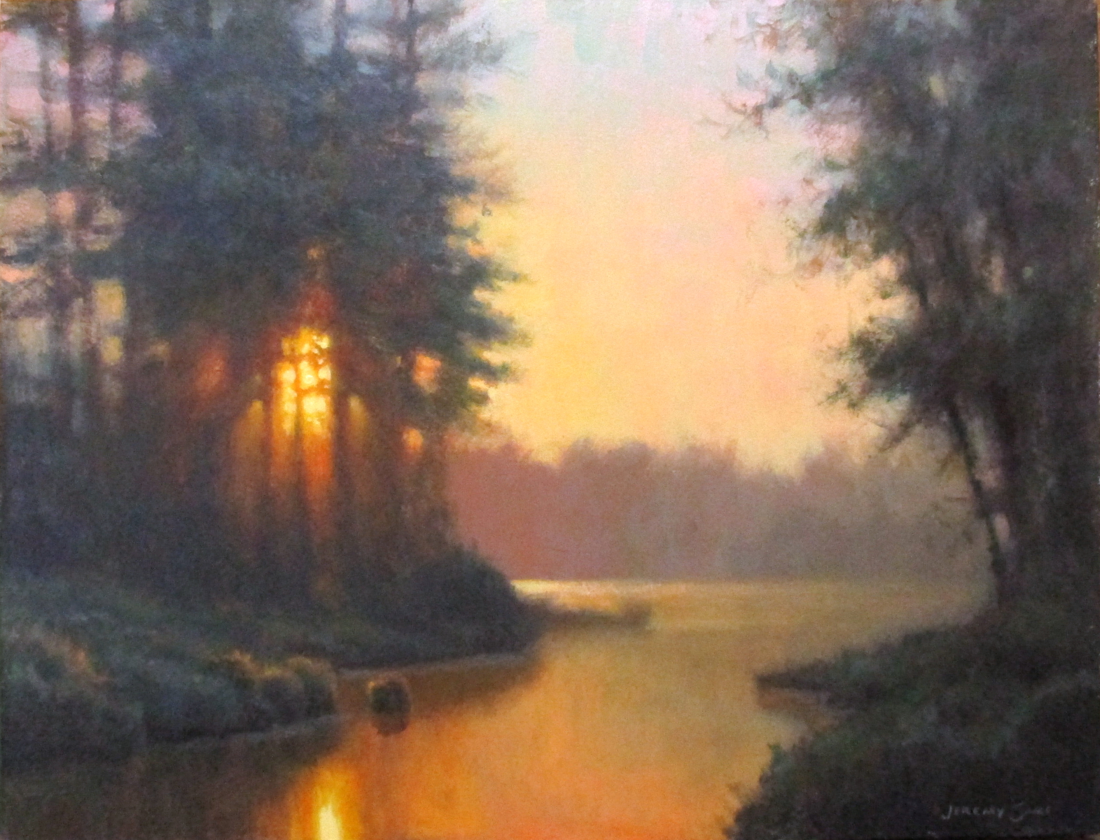 Original acrylic landscape painting of a sunset illuminating a river by North Carolina artist Jeremy Sams