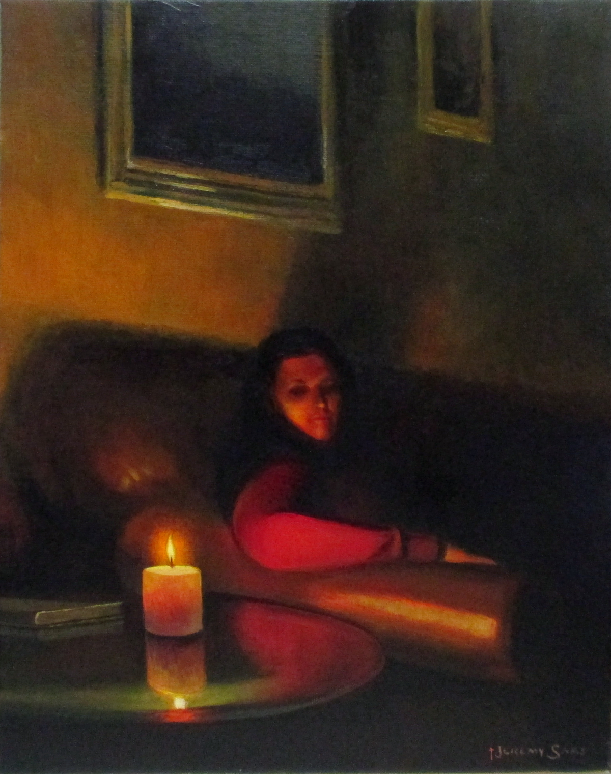 painted portrait of lady in dark with candle light by North Carolina artist Jeremy Sams
