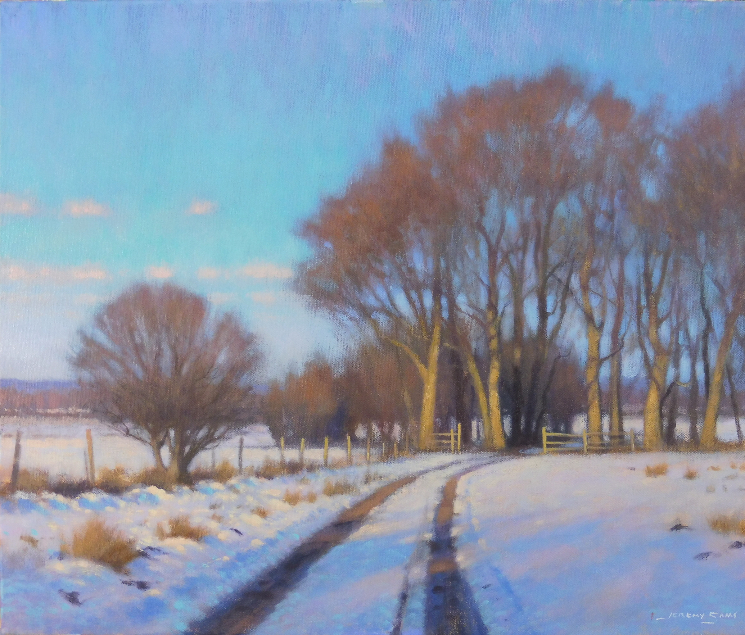 acrylic painting of snow trees and a road in the country