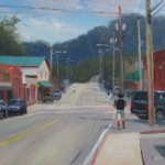 Plein air painting of student walking on Howard Street Boone NC by North Carolina artist Jeremy Sams