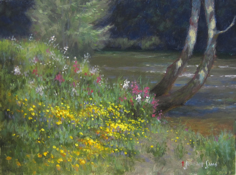 plein air painting of wildflowers on the New river