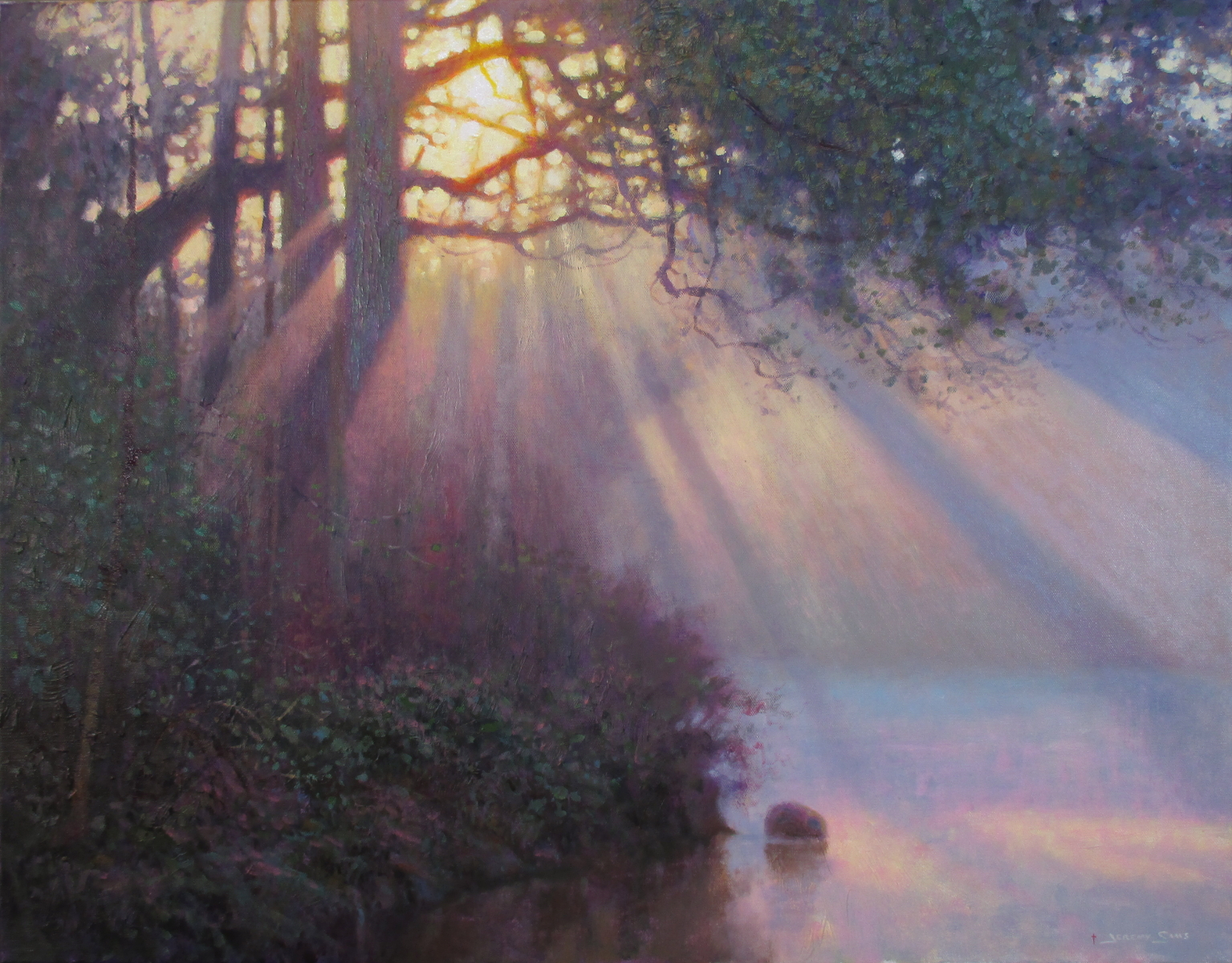 original acrylic landscape painting of sunbeams shining through trees and water by North Carolina artist Jeremy Sams