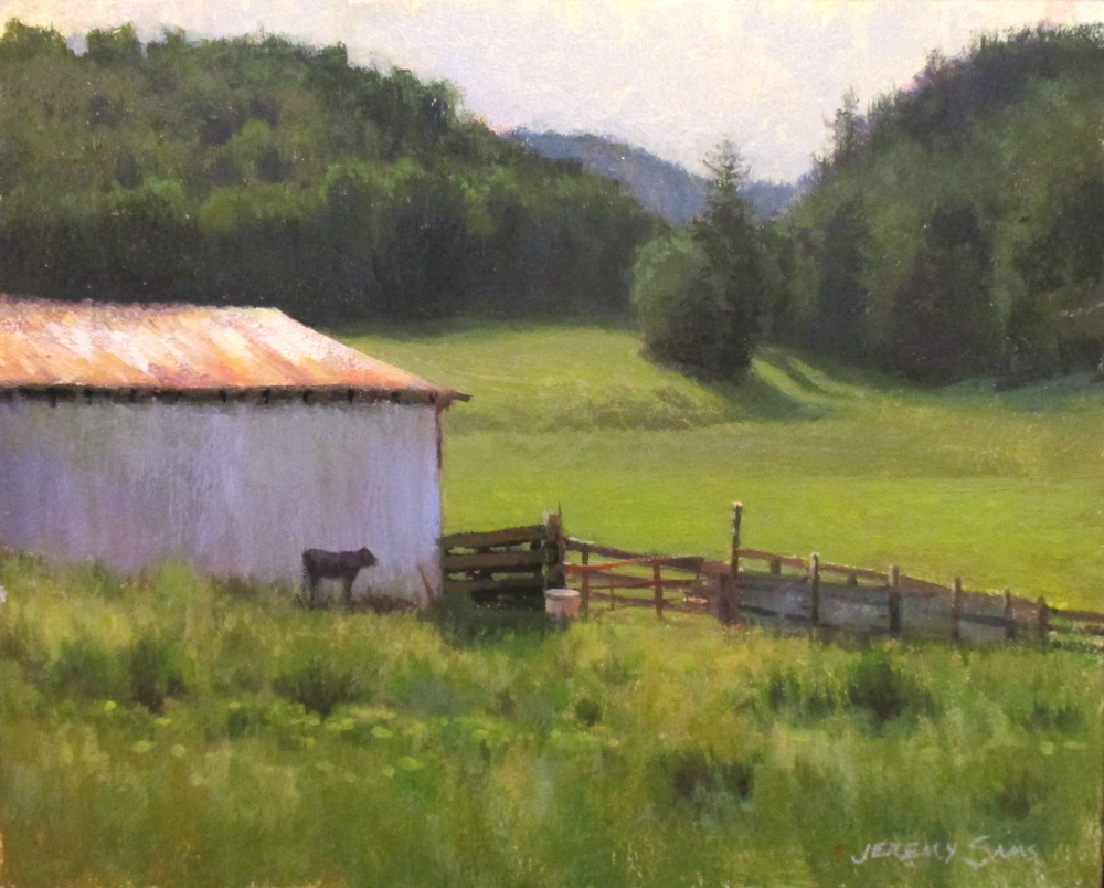 plein air painting of barn and calf in mountains of NC by North Carolina artist Jeremy Sams