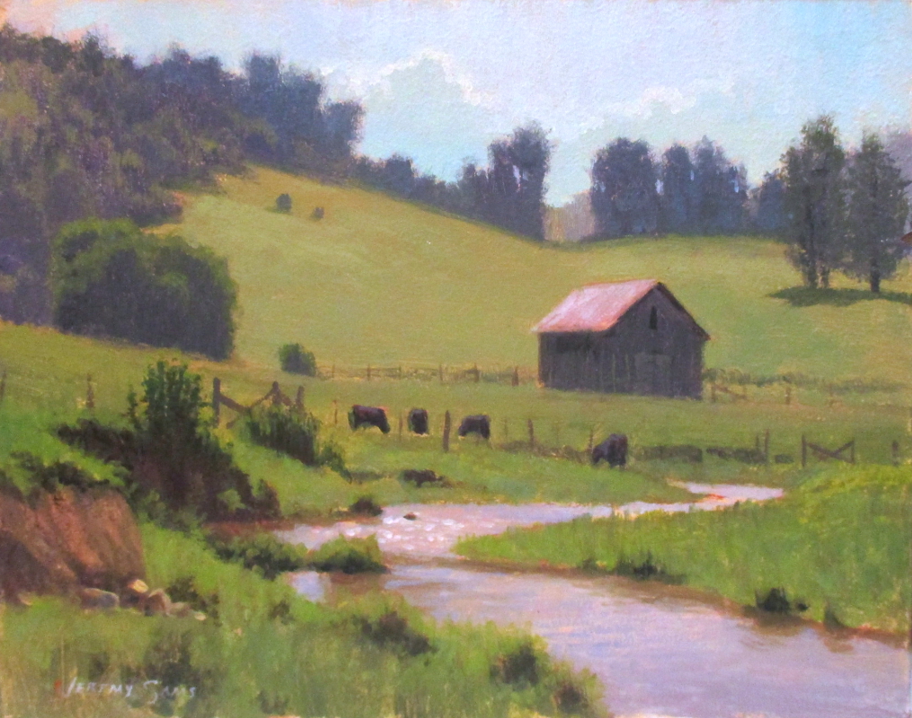 cows and barn with creek plein air painting by North Carolina artist Jeremy Sams