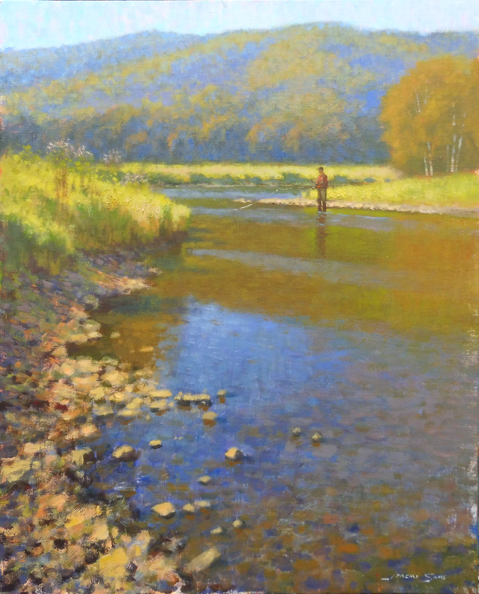 plein air painting of man fishing on Jackson River by North Carolina artist Jeremy Sams