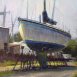 plein air painting of boat docked for repair by North Carolina artist Jeremy Sams