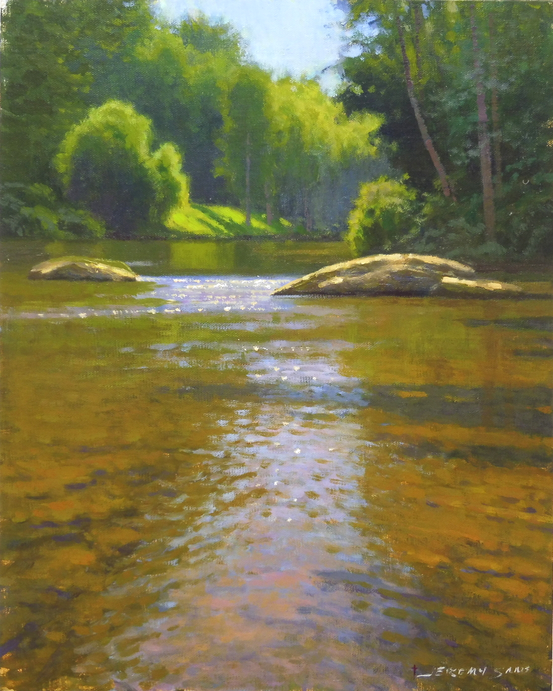 plein air painting of Toe River reflections by North Carolina artist Jeremy Sams